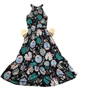 Cynthia Rowley Black Floral Halter Midi Dress Pockets Ruffle Hem Sz S #196i
